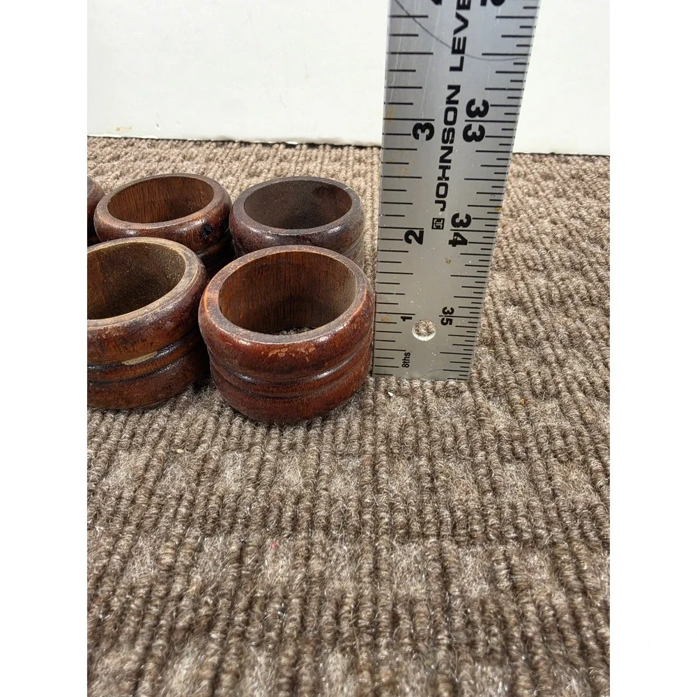 Vintage Dark Wood Napkin Rings Set of 8 Rustic Grooved Round Table Decor Brown
